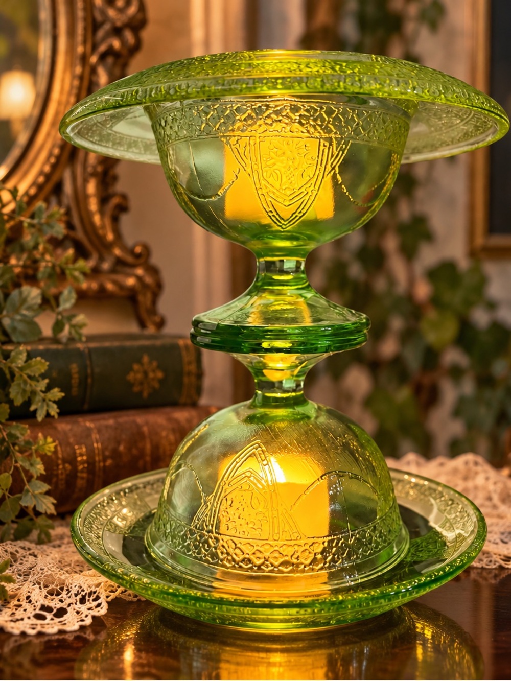 Federal Georgian Lovebirds Green Uranium Glass Fairy Lamp – 1930s Depression